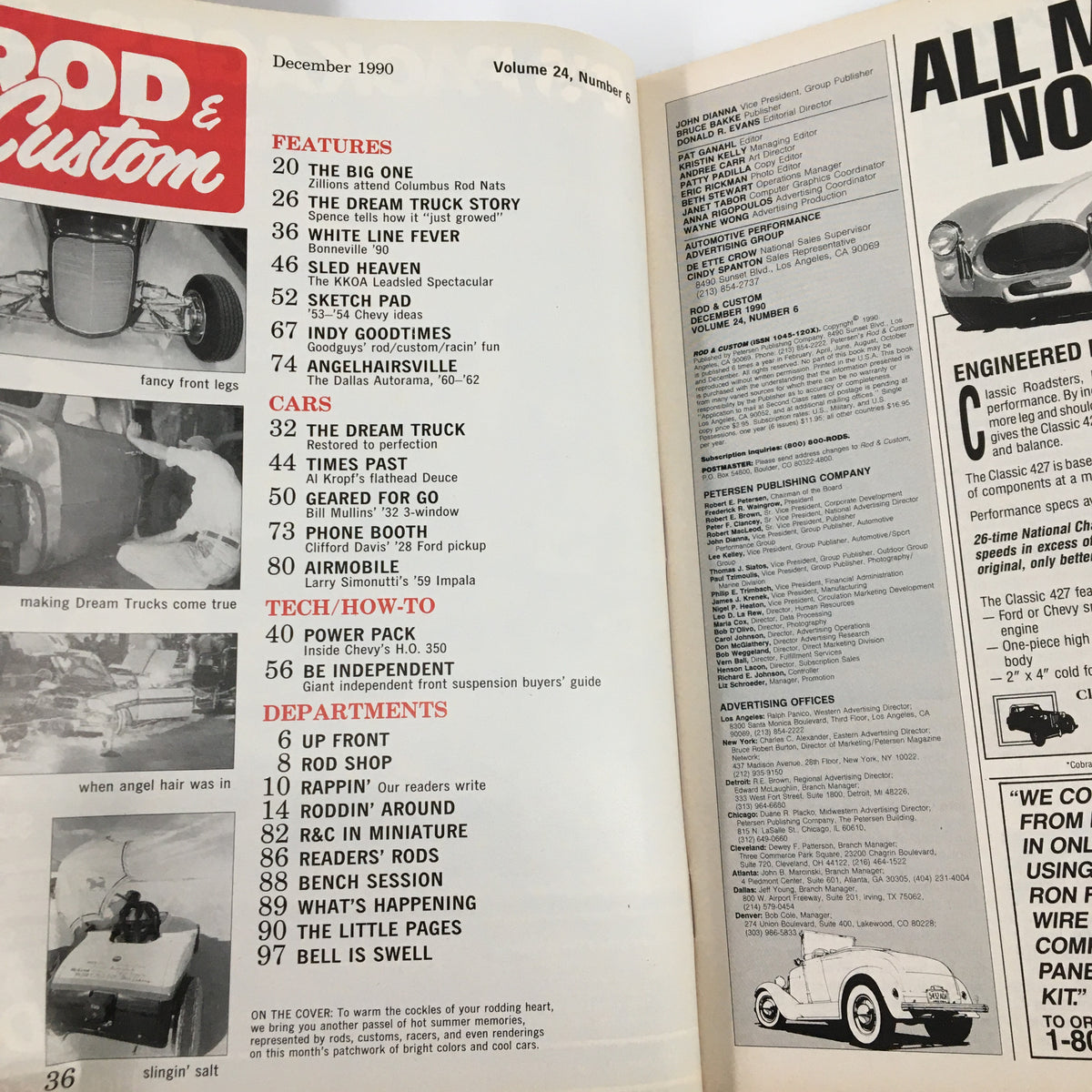 Inside spread of Rod & Custom Magazine December 1990 displaying the table of contents, highlighting features and articles related to classic cars and customization.