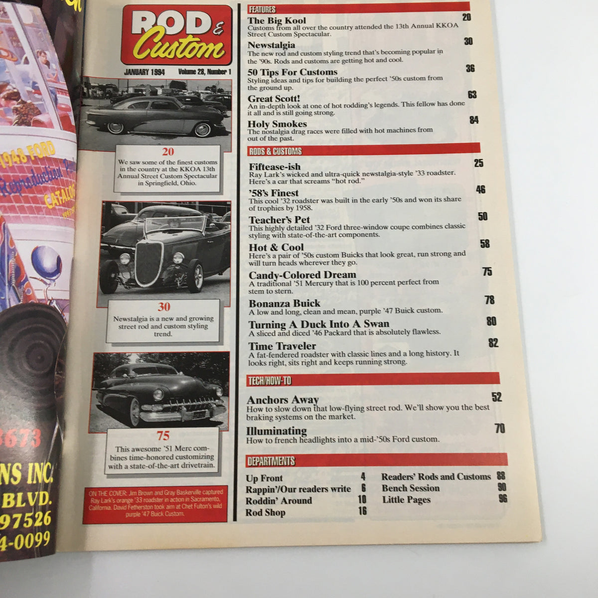 Inside page of Rod & Custom Magazine January 1994 showcasing the table of contents, including features on custom cars and nostalgic styling trends.