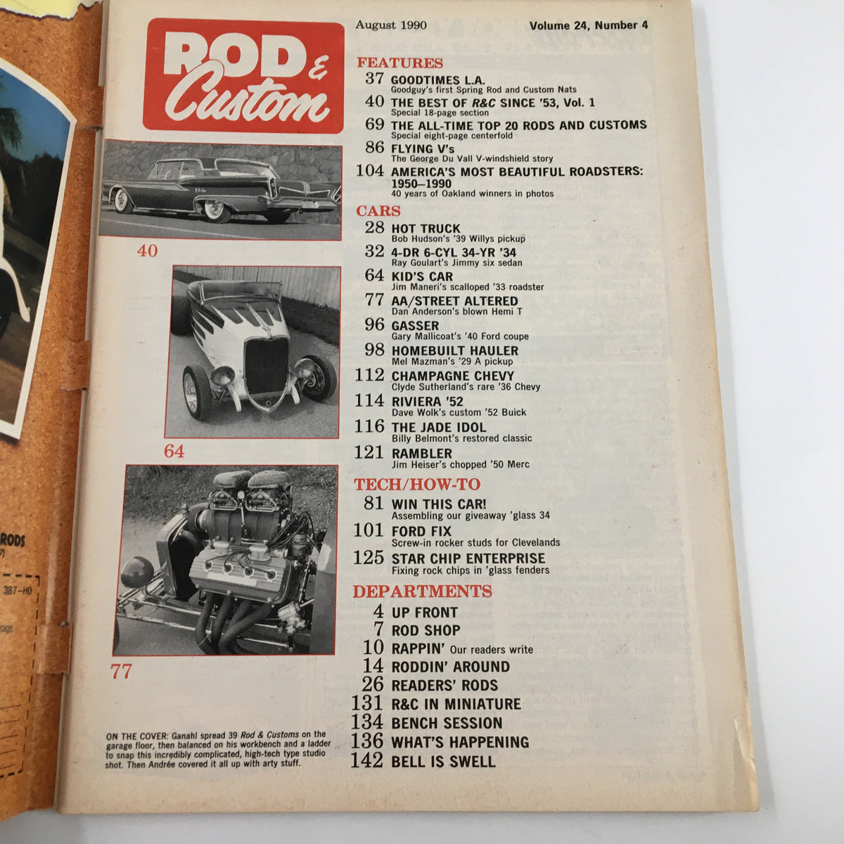 Interior page of Rod & Custom Magazine August 1990 displaying the table of contents with featured car articles and technical insights related to automotive customization.