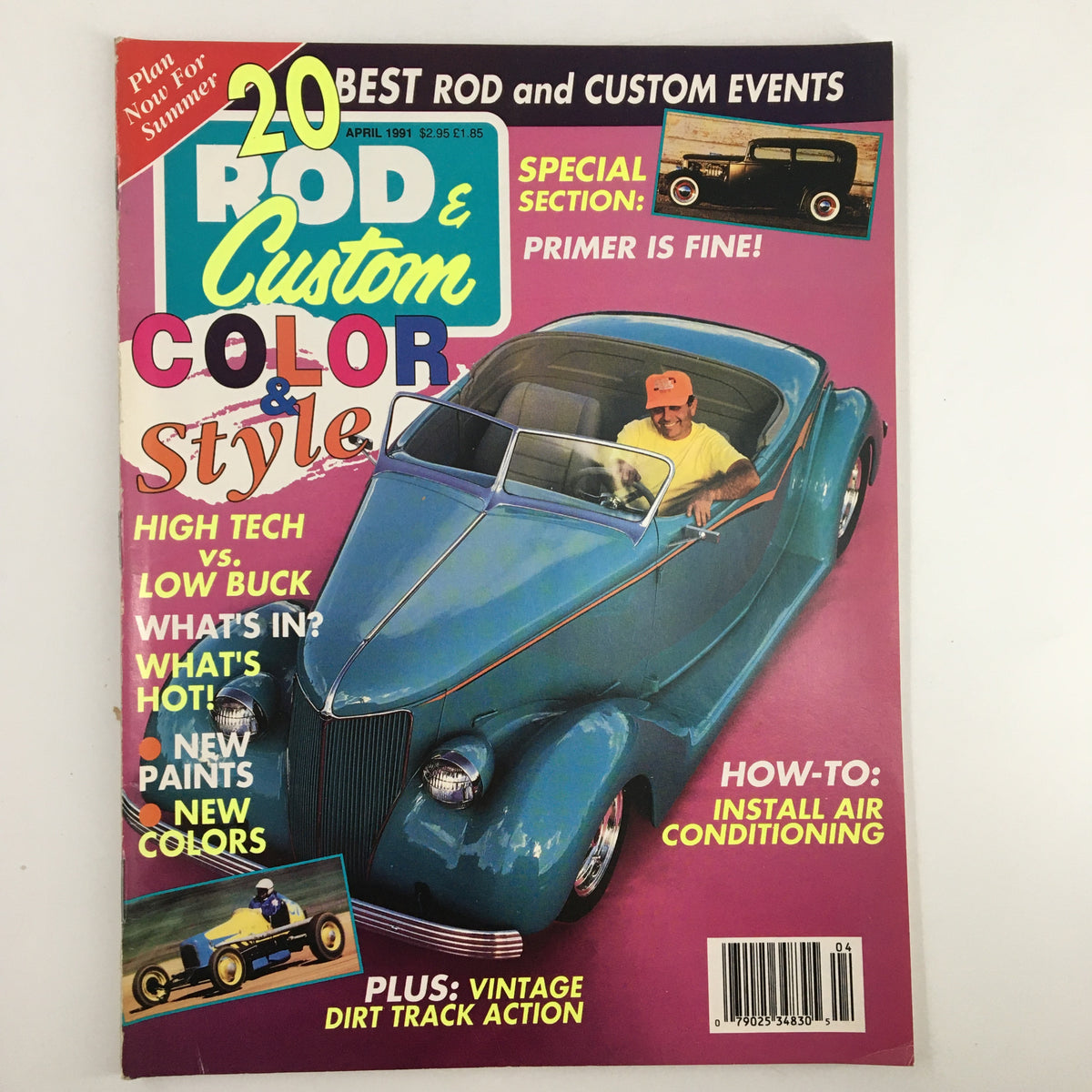 Rod & Custom Magazine April 1991 cover featuring Danny Brent in his Aqua '36 custom car. The vibrant magazine cover showcases a classic hot rod theme with colorful text and design elements highlighting automotive culture.