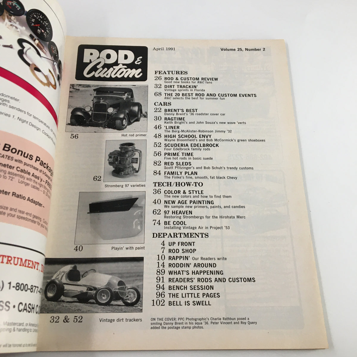 Inside page from Rod & Custom Magazine April 1991 displaying the table of contents. The page lists features, articles, and topics related to custom cars, including highlights on automotive trends and a focus on Danny Brent's Aqua '36.