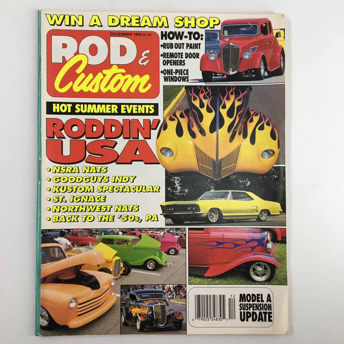 Rod & Custom Magazine cover from December 1992 featuring Jimmy Vaughan's RIV in Holland, showcasing vibrant car designs and highlights from rodding events including NSRA Nats and Goodguys Indy.