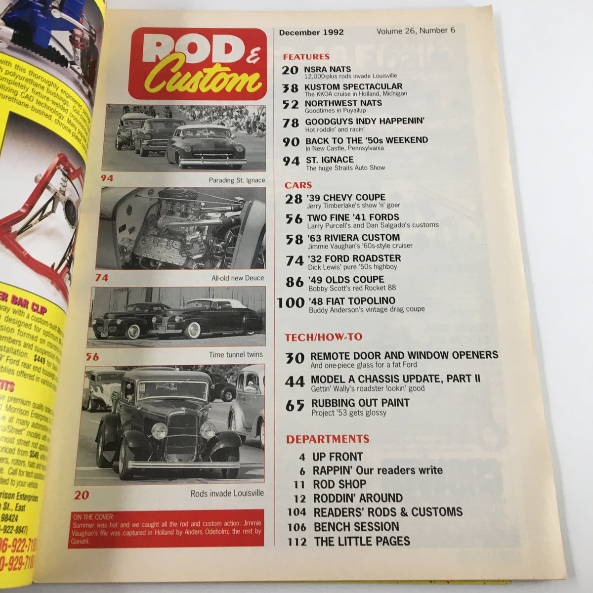 Rod & Custom Magazine December 1992 page highlighting features, car showcases, and tech tips, including a summary of prominent articles, showcasing custom vehicle culture.
