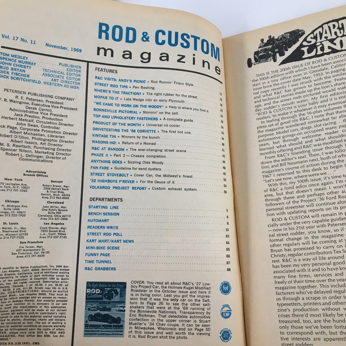Interior page of VTG Rod & Custom Magazine November 1969, displaying the magazine's contents and features related to classic cars and automotive projects.