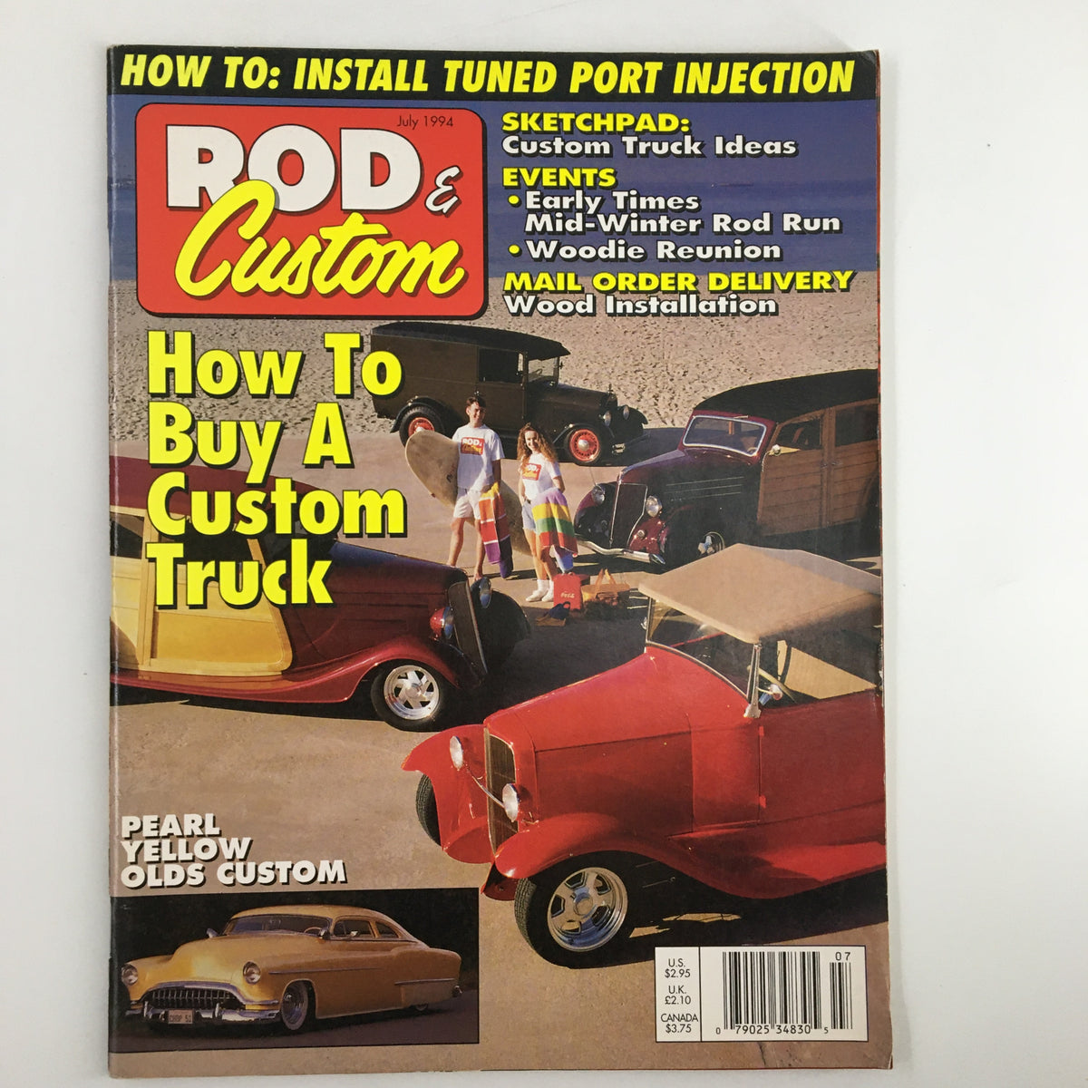 Cover of Rod & Custom Magazine July 1994 featuring the title 'How To Buy A Custom Truck' with vintage cars in a beach setting showcasing classic Woodies and trucks.