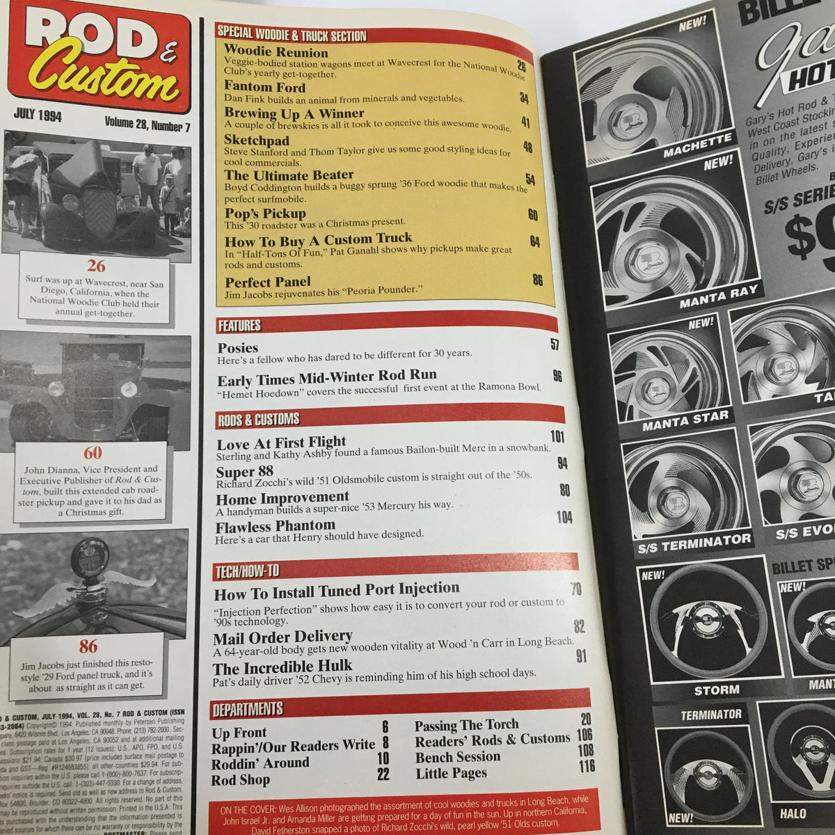 Interior page of Rod & Custom Magazine July 1994 displaying the contents section with features on woodies and trucks, including articles about custom truck ideas and automotive events.