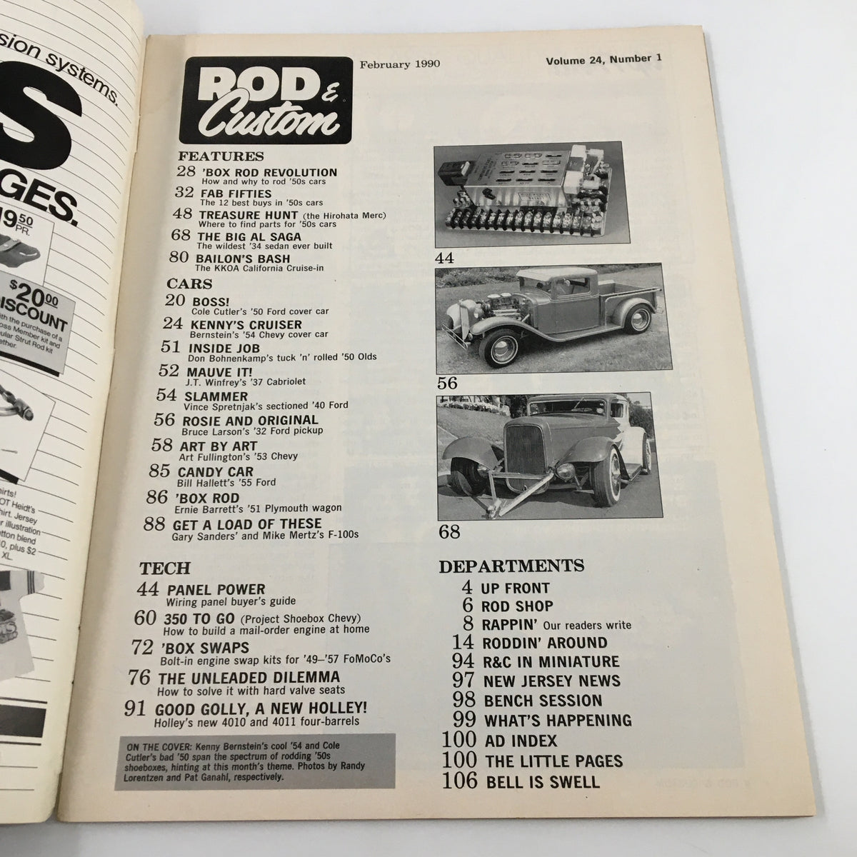 Rod & Custom Magazine February 1990 featuring contents and highlights, including articles on classic cars, custom builds, and automotive technology.