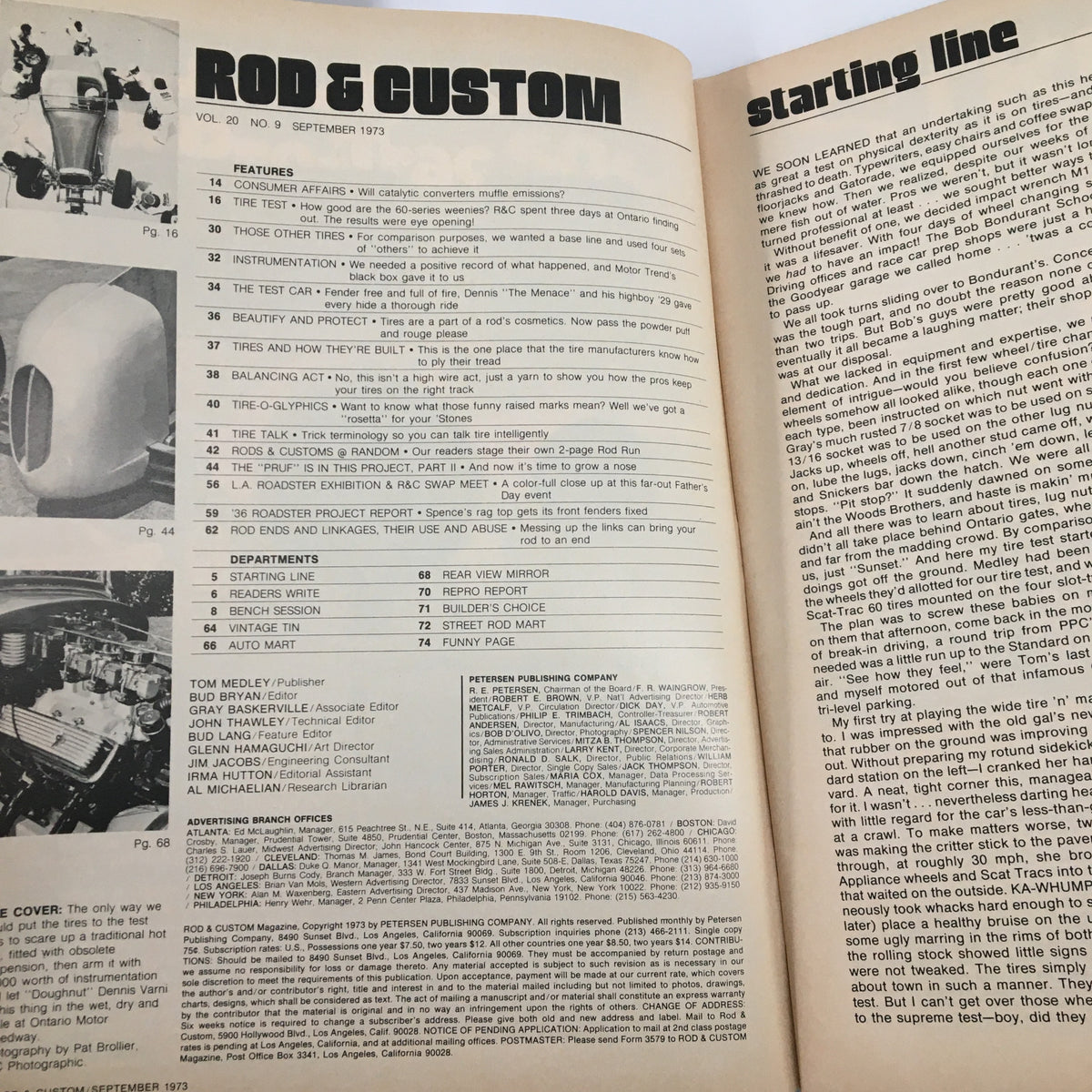 VTG Rod & Custom Magazine September 1973 interior page highlighting features and contents including articles on tire construction, balancing, and automotive maintenance.