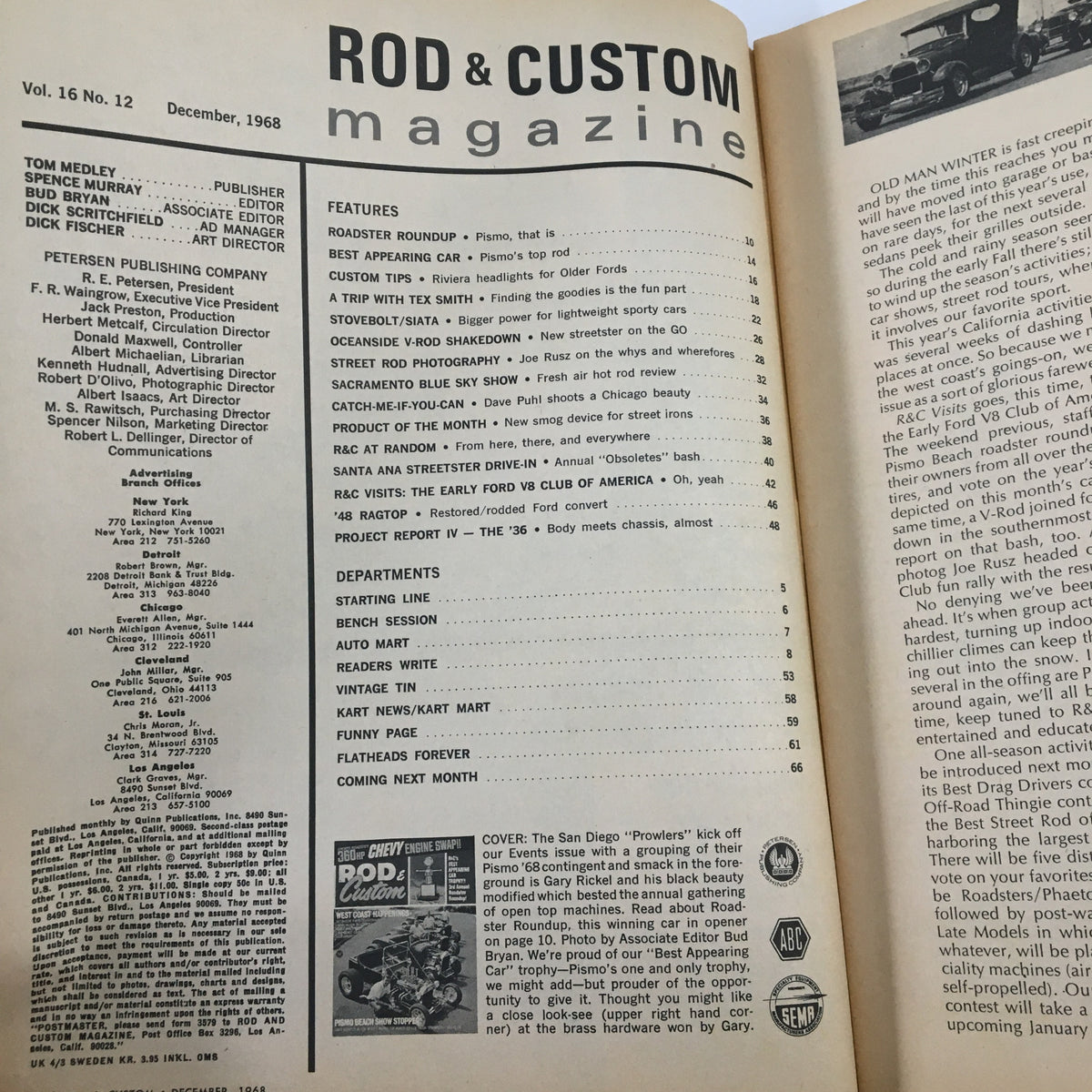 Interior page of VTG Rod & Custom Magazine December 1968 listing features and articles, showcasing the vintage automotive culture.