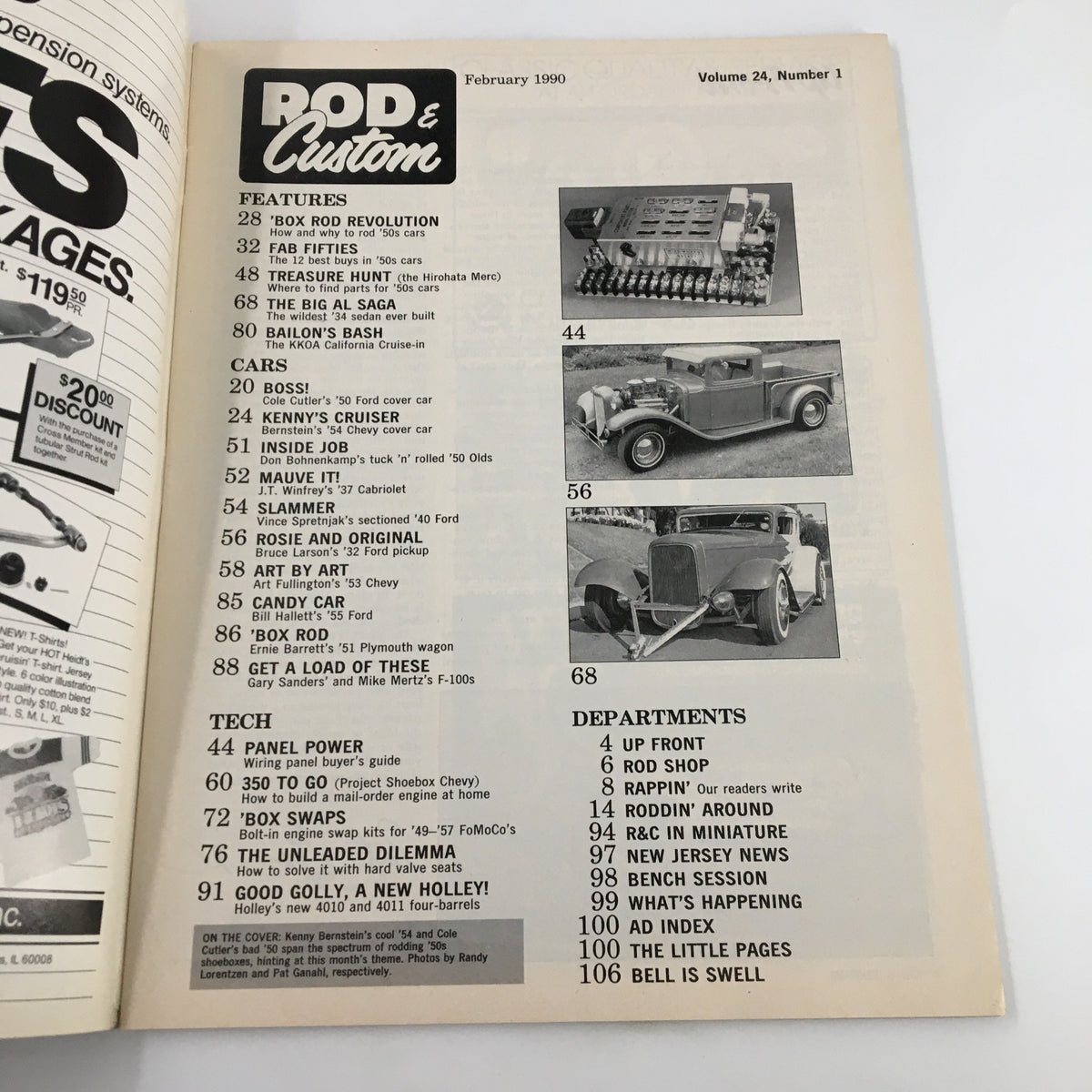 Inside page of Rod & Custom Magazine February 1990 showcasing the table of contents with features on classic cars, tech tips, and the Wiring Panel Buyer's Guide. Essential for any vintage car restoration fan.