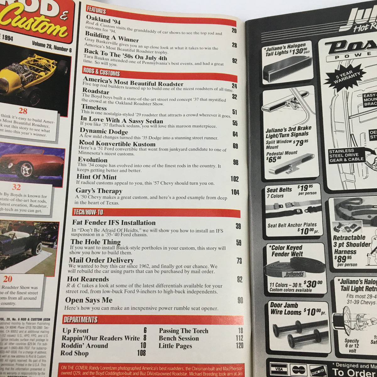Interior page of Rod & Custom Magazine June 1994 displaying featured articles, including America's Most Beautiful Roadster.