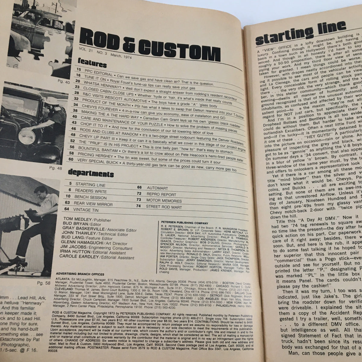 Inside page of VTG Rod & Custom Magazine March 1974 titled 'The Pruf' is in his Project displaying the table of contents with features and departments.