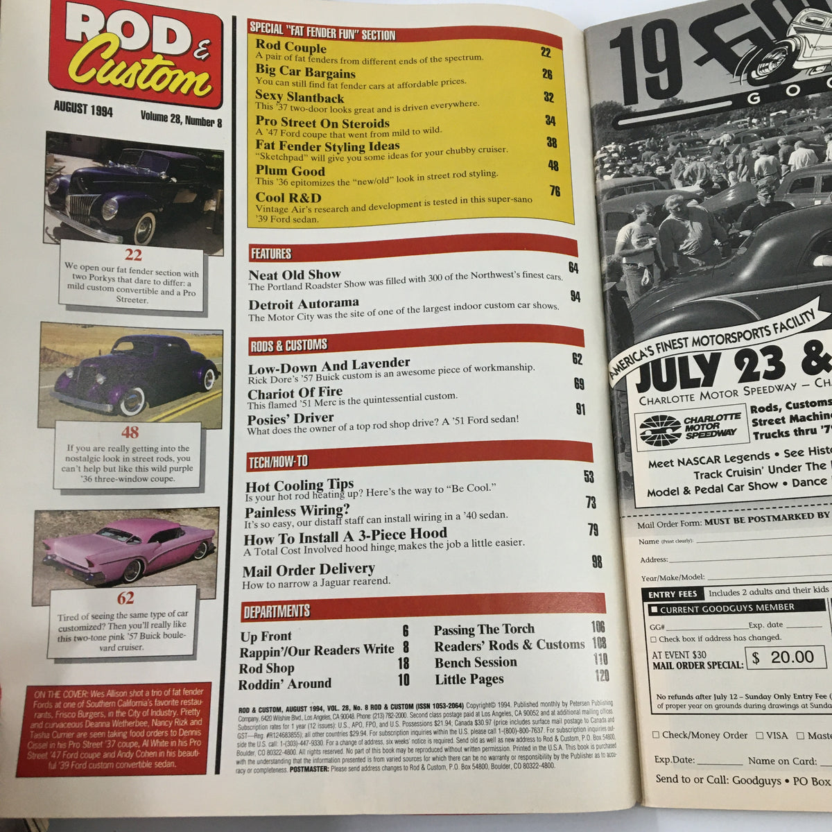 Table of contents from Rod & Custom Magazine August 1994 listing articles, including 'Narrowing A Jag Rearend' and highlighting key sections related to classic cars.