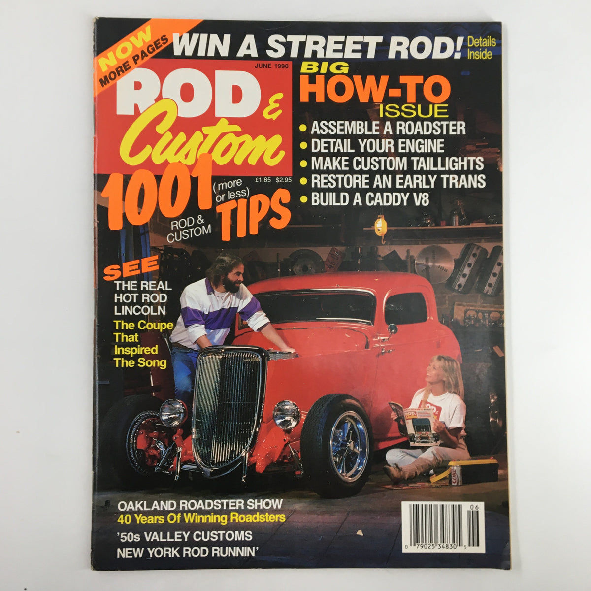 Rod & Custom Magazine June 1990 cover featuring 'The Coupe That Inspired The Song', showcasing a classic red hot rod with the title prominently displayed and illustrated automotive tips.