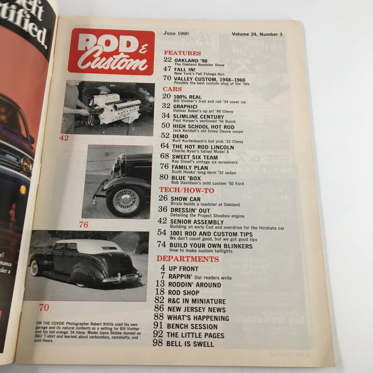 Interior page of Rod & Custom Magazine June 1990 displaying the contents section, highlighting featured articles and how-to guides related to classic cars and automotive culture.