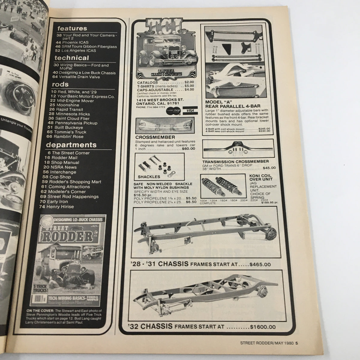 Inside page of VTG Street Rodder Magazine May 1980 displaying technical features and advertisements related to low-buck chassis design, with product details and pricing.