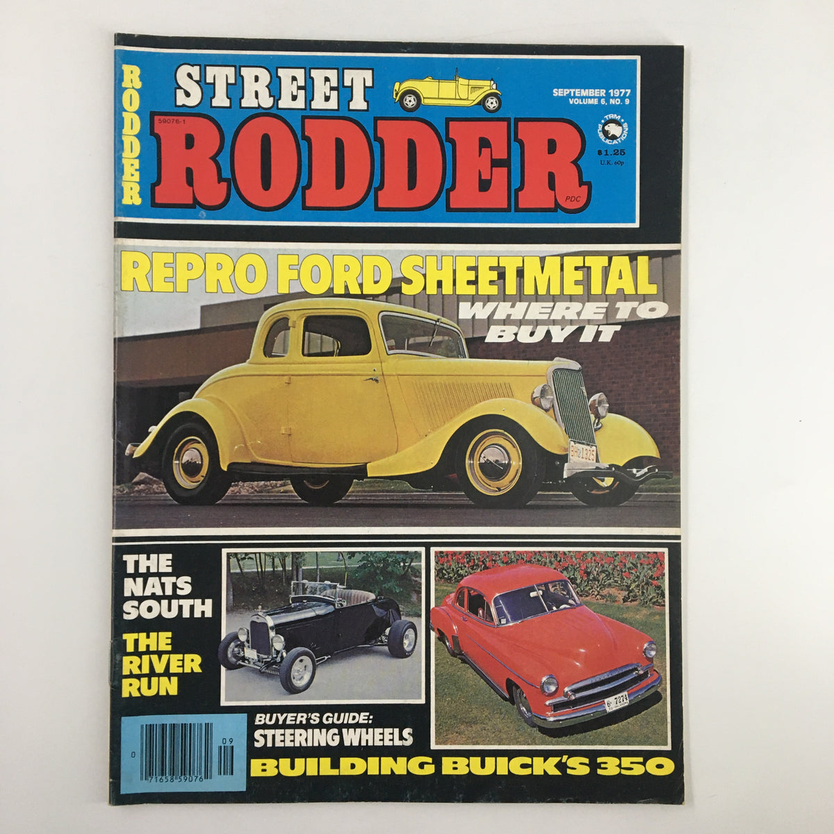 Cover of VTG Street Rodder Magazine September 1977 featuring a yellow '34 hot rod by Eccli, showcasing vibrant automotive photography and key articles on street rodding.