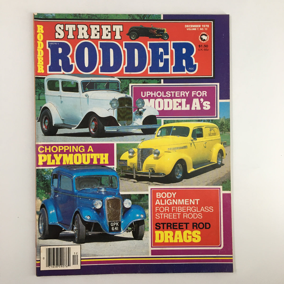 Cover of the VTG Street Rodder Magazine December 1978 showcasing body alignment for street rods, featuring classic cars including a white model, a yellow car, and a blue vehicle, with various titles including upholstery and chopping a Plymouth.