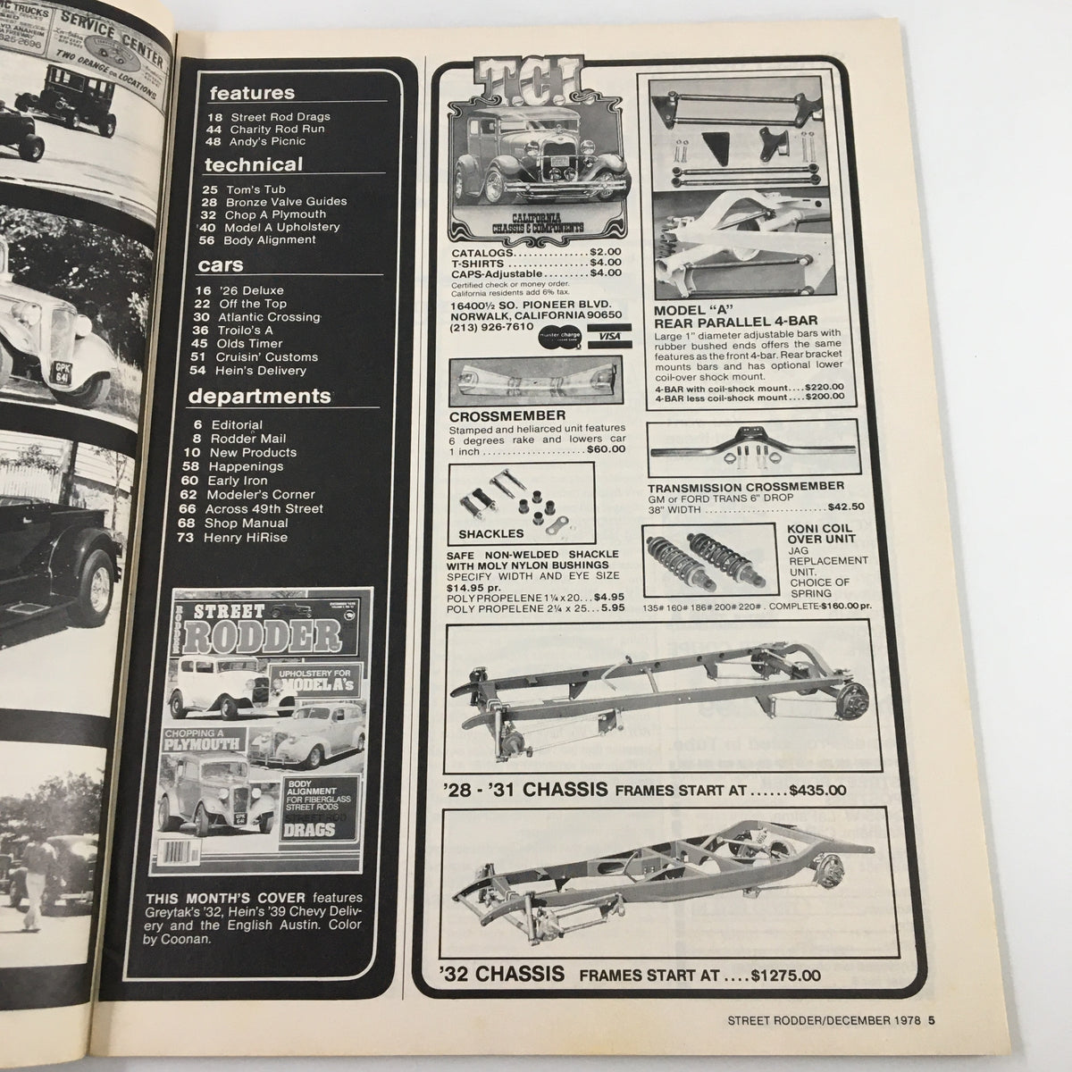 Inside page of the VTG Street Rodder Magazine December 1978 detailing features such as street rod drags, technical guides, and product advertisements for car parts, with an emphasis on body alignment for fiberglass street rods.