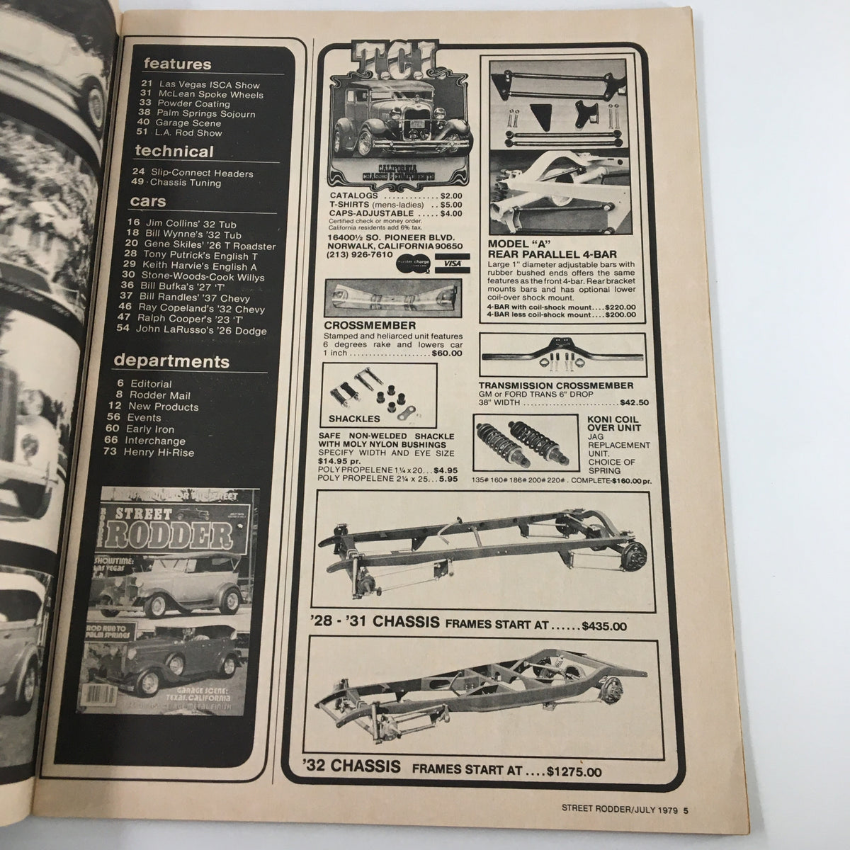 Page from the Vintage Street Rodder Magazine, July 1979 displaying technical features and advertisements relevant to classic street rods.