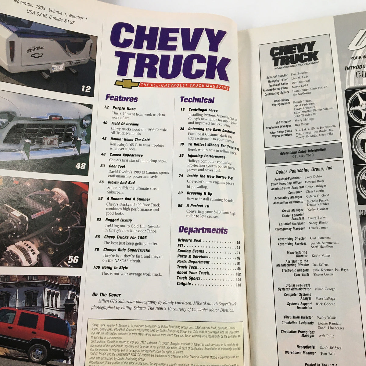 Interior page of Chevy Truck Magazine November 1995 showcasing the table of contents, highlighting features and articles related to Chevrolet trucks.