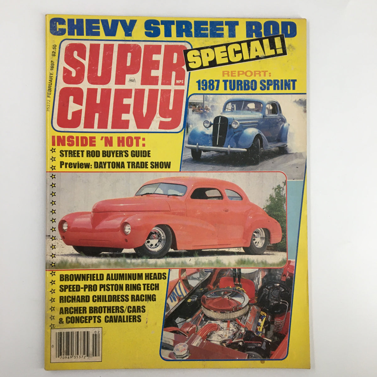Cover of VTG Super Chevy Magazine February 1987 featuring Larry Rhodes 35 East Coast Coupe. Highlights include articles on street rods, a buyer's guide, and reports on the 1987 Turbo Sprint.