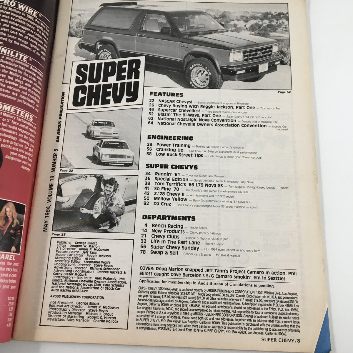 Inside page of VTG Super Chevy Magazine May 1984 displaying the magazine's contents, highlighting articles such as 'Chevy Buying with Reggie Jackson' and featuring various Chevy models.