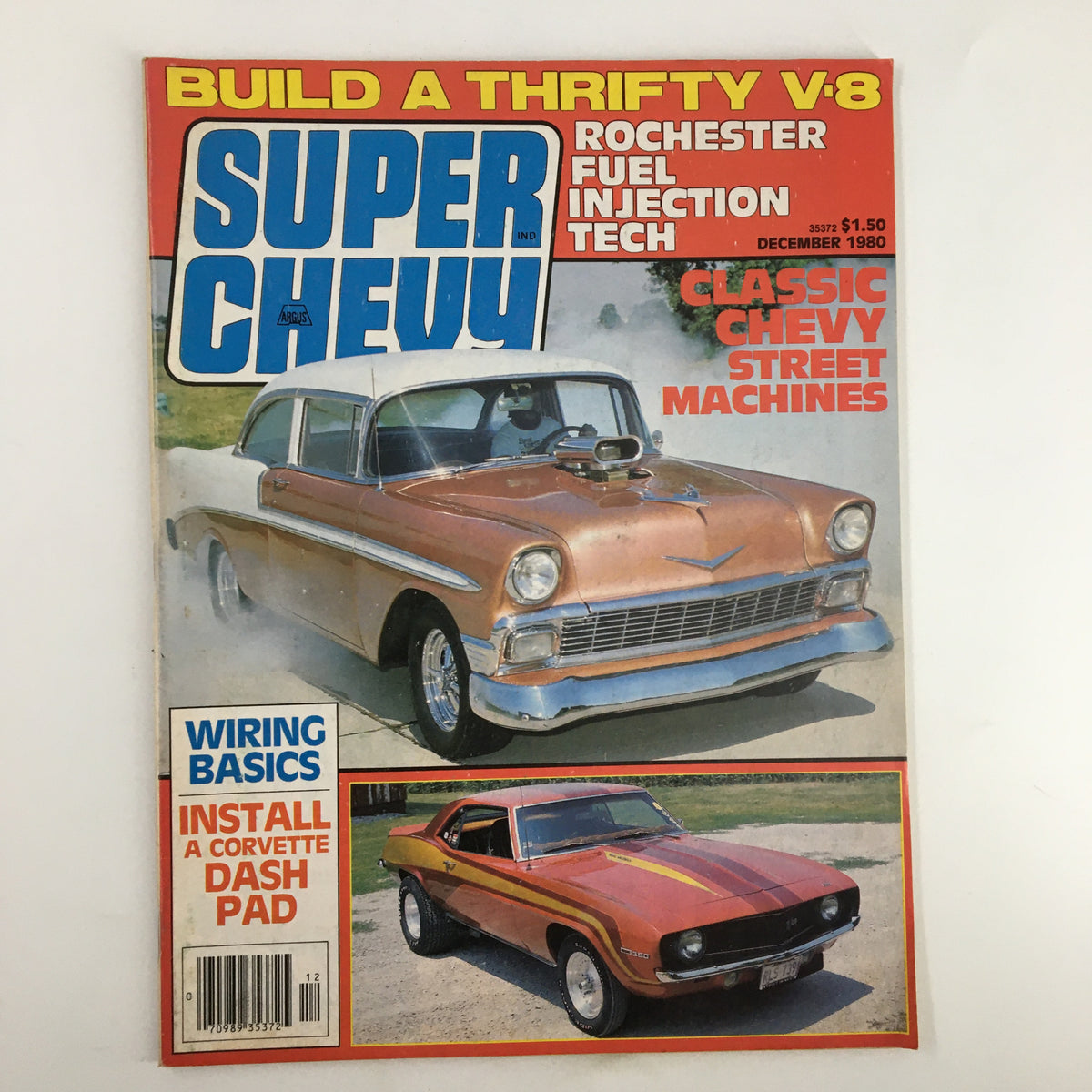 Cover of VTG Super Chevy Magazine December 1980 highlighting Classic Chevy Street Machines, featuring a vintage 1956 Chevy and another classic model. Perfect for enthusiasts of American muscle cars.