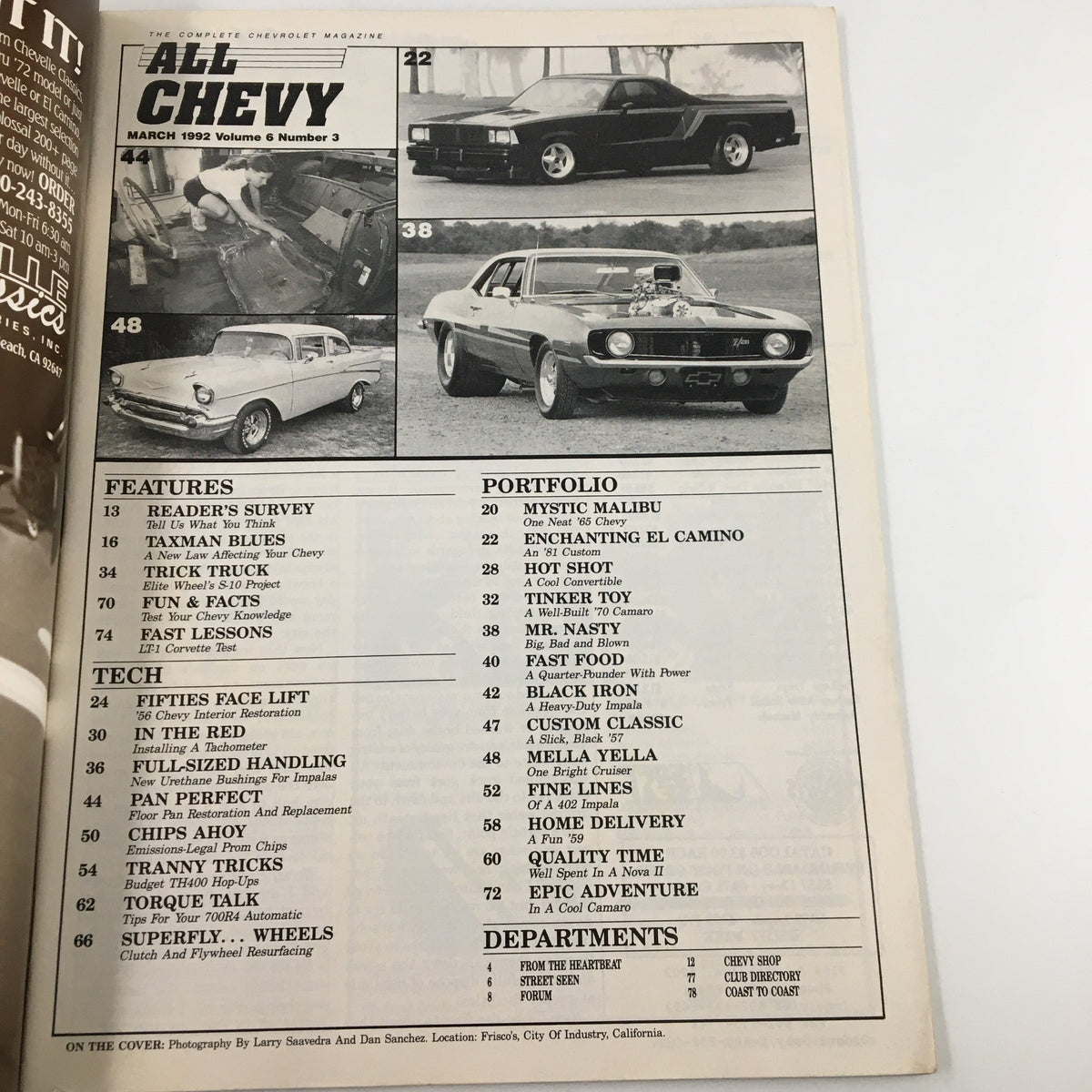 Table of contents page from All Chevy Magazine March 1992 displaying featured articles and images related to classic Chevrolet vehicles.