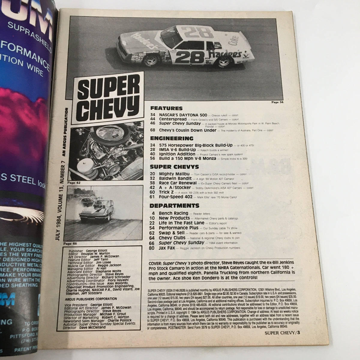 Inside page of VTG Super Chevy Magazine July 1984, displaying features like NASCAR's Daytona 500 and engineering details for car enthusiasts.