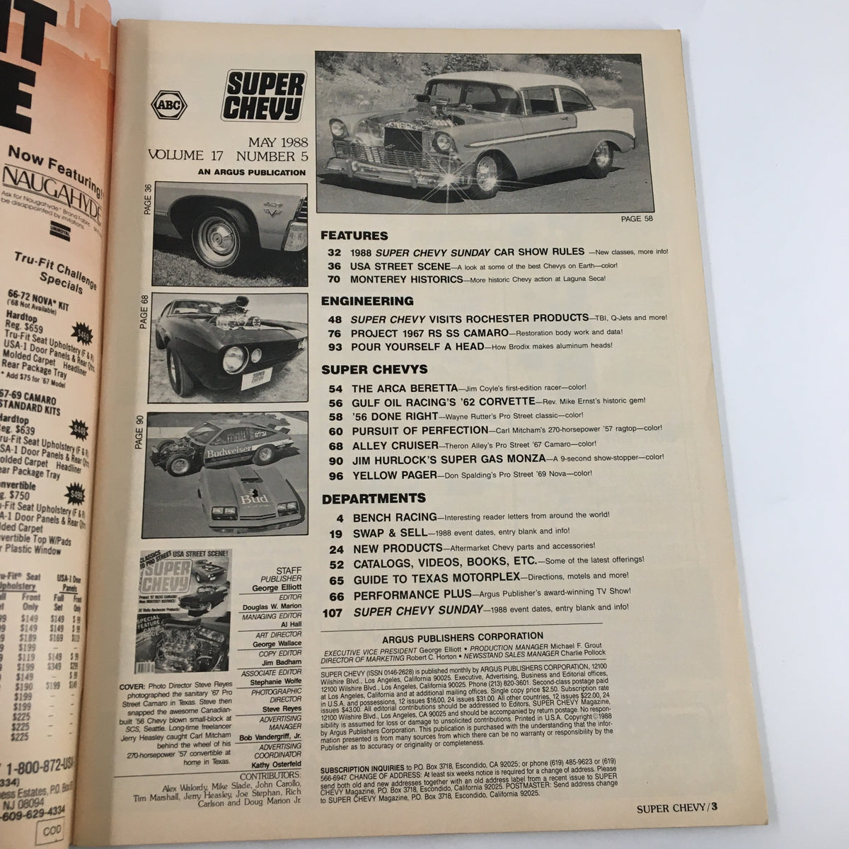 Inside page of VTG Super Chevy Magazine May 1988 showcasing features, including engineering articles and a list of subscribers, highlighting the article 'SC Visits Rochester Products'.