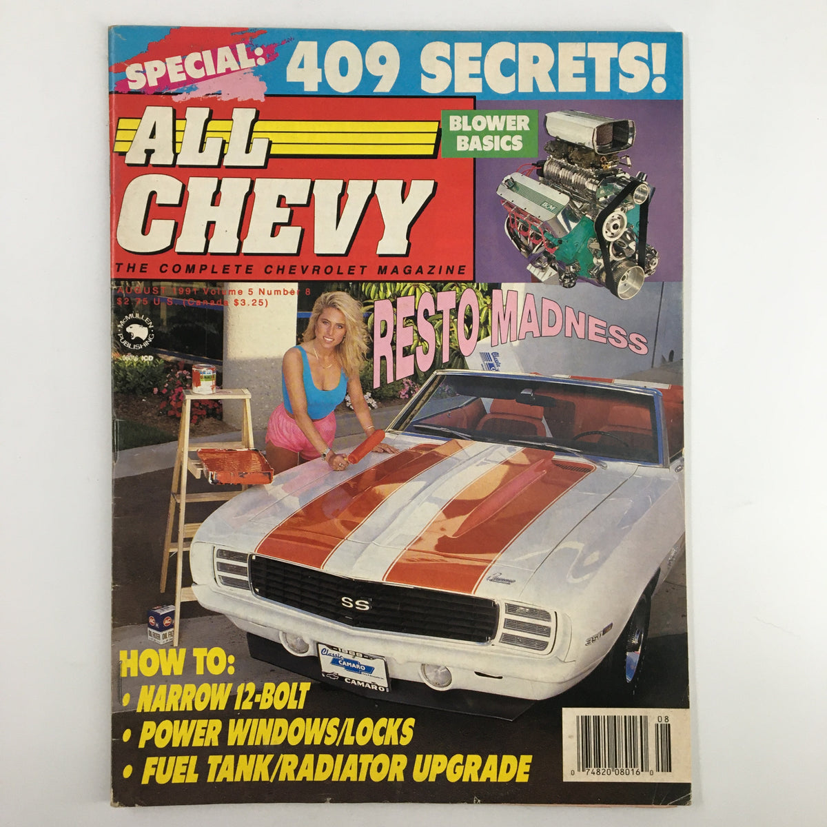 All Chevy Magazine August 1991 cover featuring striking automotive graphics, a white Chevy Camaro SS with orange stripes, and a model showcasing the magazine's focus on car modifications, including fuel tank and radiator upgrades.