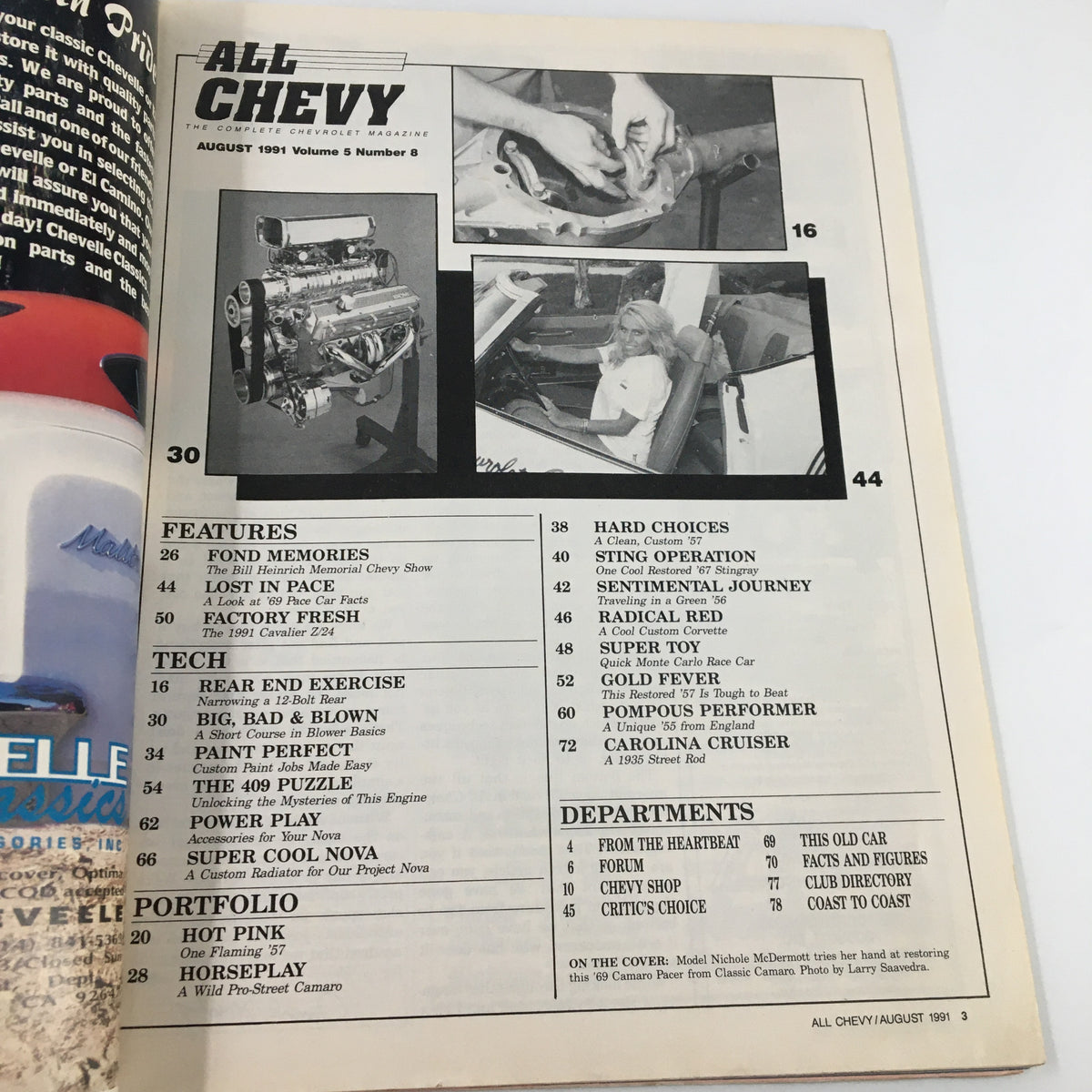 Inside page of All Chevy Magazine August 1991 displaying the table of contents, highlighting features on automotive technology, including fuel tank upgrades and restoration articles related to classic Chevy vehicles.
