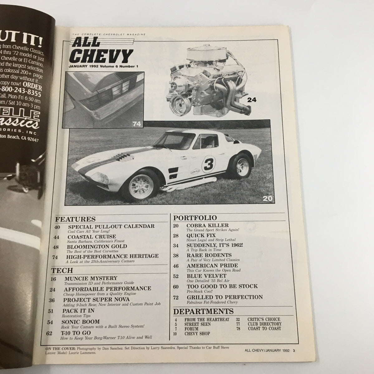 Inside page of All Chevy Magazine January 1992 with features, including Project Super Nova and various classic cars.