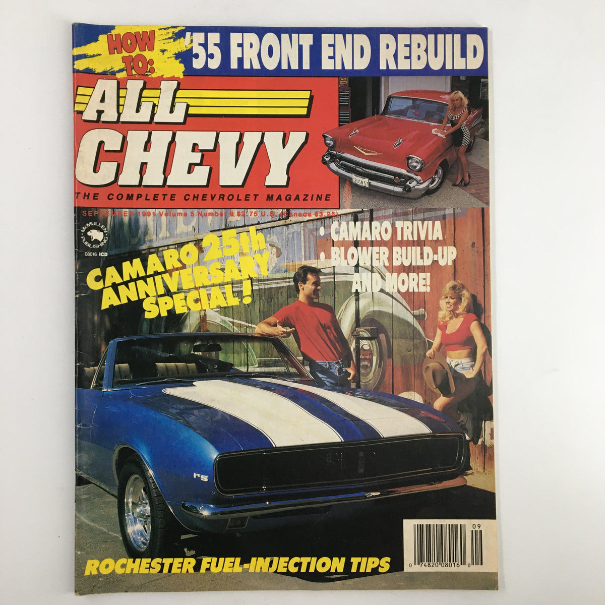 Cover of All Chevy Magazine September 1991 featuring Camaro Trivia, 25th Anniversary Special, and a classic blue Camaro with a white stripe in front of a vintage backdrop.