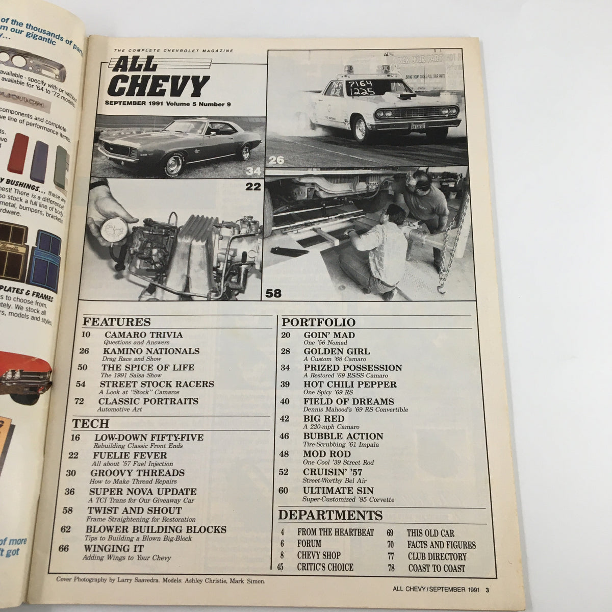 Interior page of All Chevy Magazine September 1991 displaying the table of contents, featuring articles on Camaro trivia, Camaro Nationals, and various Chevrolet models and modifications.