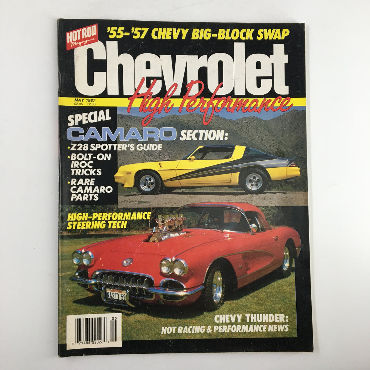 Cover of VTG Hot Rod Magazine May 1987, featuring Chevrolet High Performance with a yellow Camaro and a red Corvette, showcasing the special Camaro section and hot racing performance.