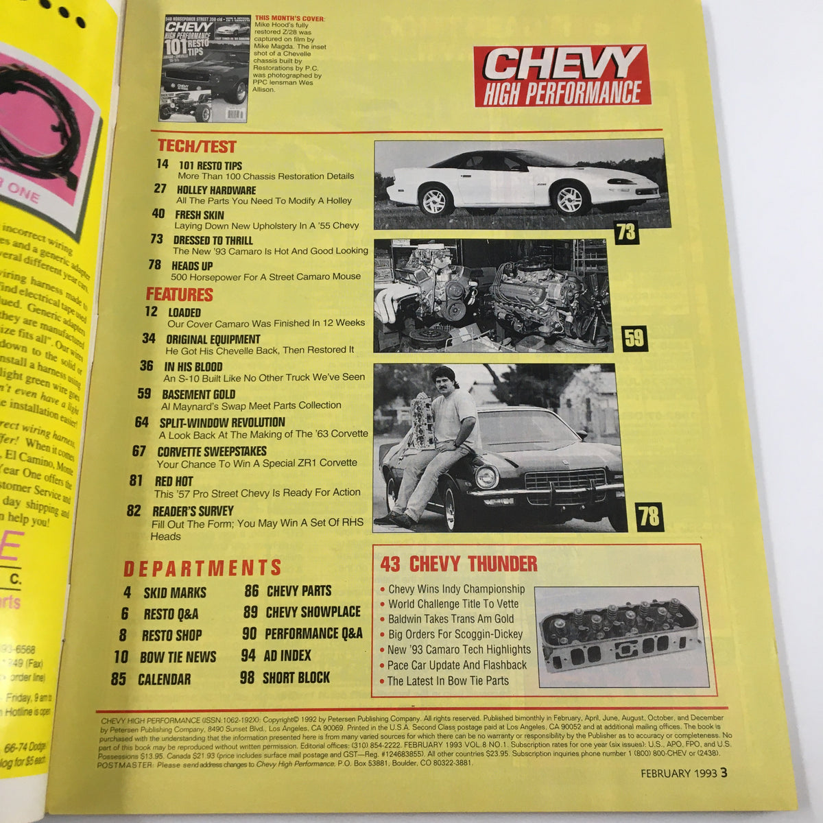 Chevy High Performance Magazine February 1993 featuring the contents page with articles on muscle cars, restoration tips, and features on Chevrolet vehicles, including Mike Hood's restored Z/28.