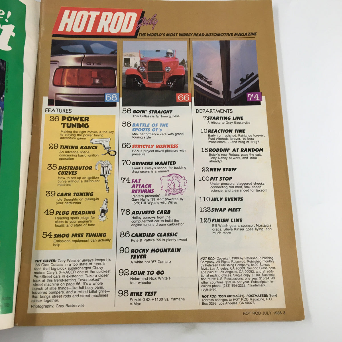 Interior page of VTG Hot Rod Magazine July 1986 showcasing features including 'Power Tuning', 'Timing Basics', and 'Carb Tuning', providing insightful content for car enthusiasts and tuners.