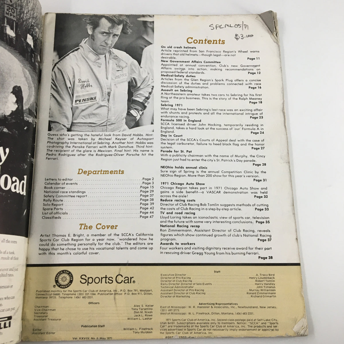 Back cover of VTG Sports Car Magazine, May 1971, featuring contents and article listings, including a piece on driver Gregg Young and his burning Ferrari, reflecting automotive history and racing culture of the era.