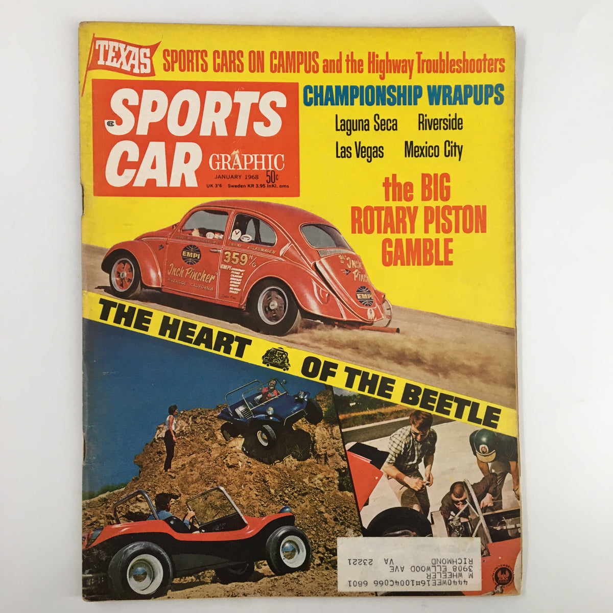 VTG Sports Car Magazine January 1968 cover featuring the article 'The Big Rotary Piston Gamble' with colorful graphics and classic car imagery.