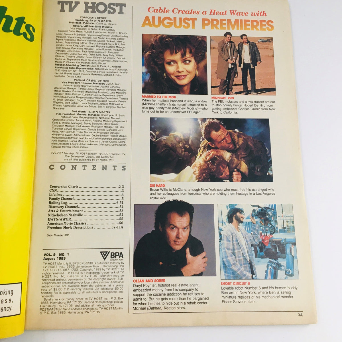 Interior page of TV Host Magazine August 1989 Vol 9 #1 listing August premieres including shows like Die Hard and Married to the Mob, emphasizing Bruce Willis's rise to fame.
