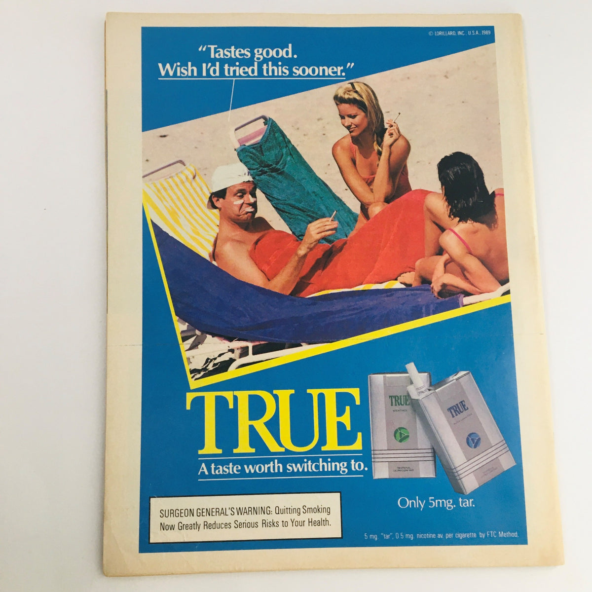 Back cover of TV Host Magazine August 1989 Vol 9 #1 featuring an advertisement for True cigarettes, illustrating 1980s beach culture and lifestyle.