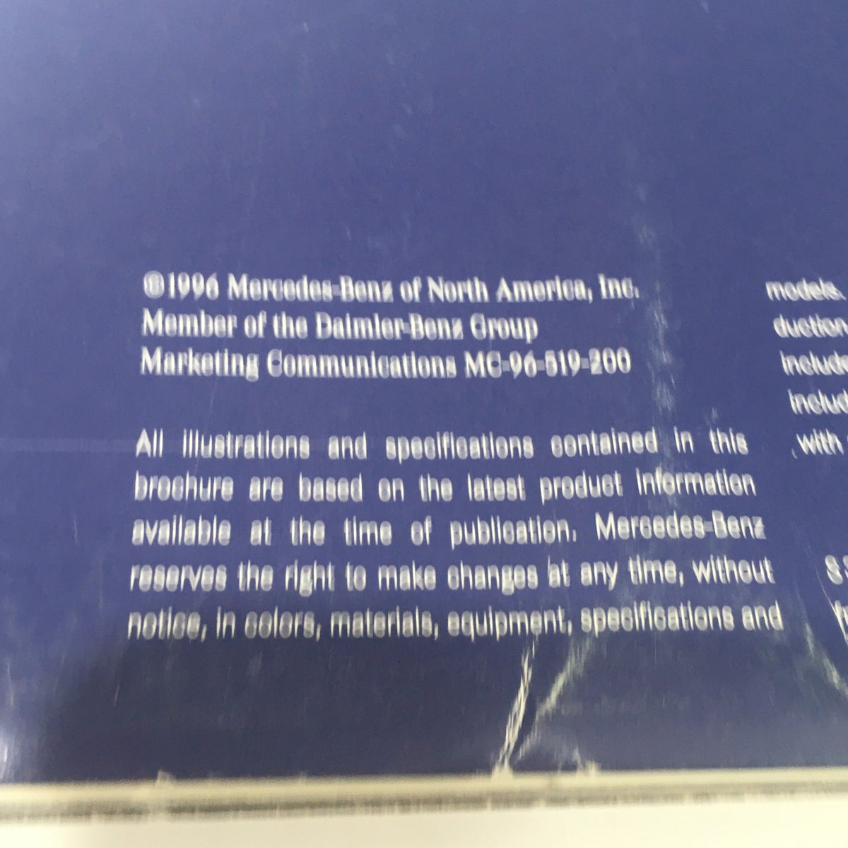 Back cover of the 1997 Mercedes-Benz S-Class Dealership Car Auto Brochure Catalog, featuring publication details and copyright information.