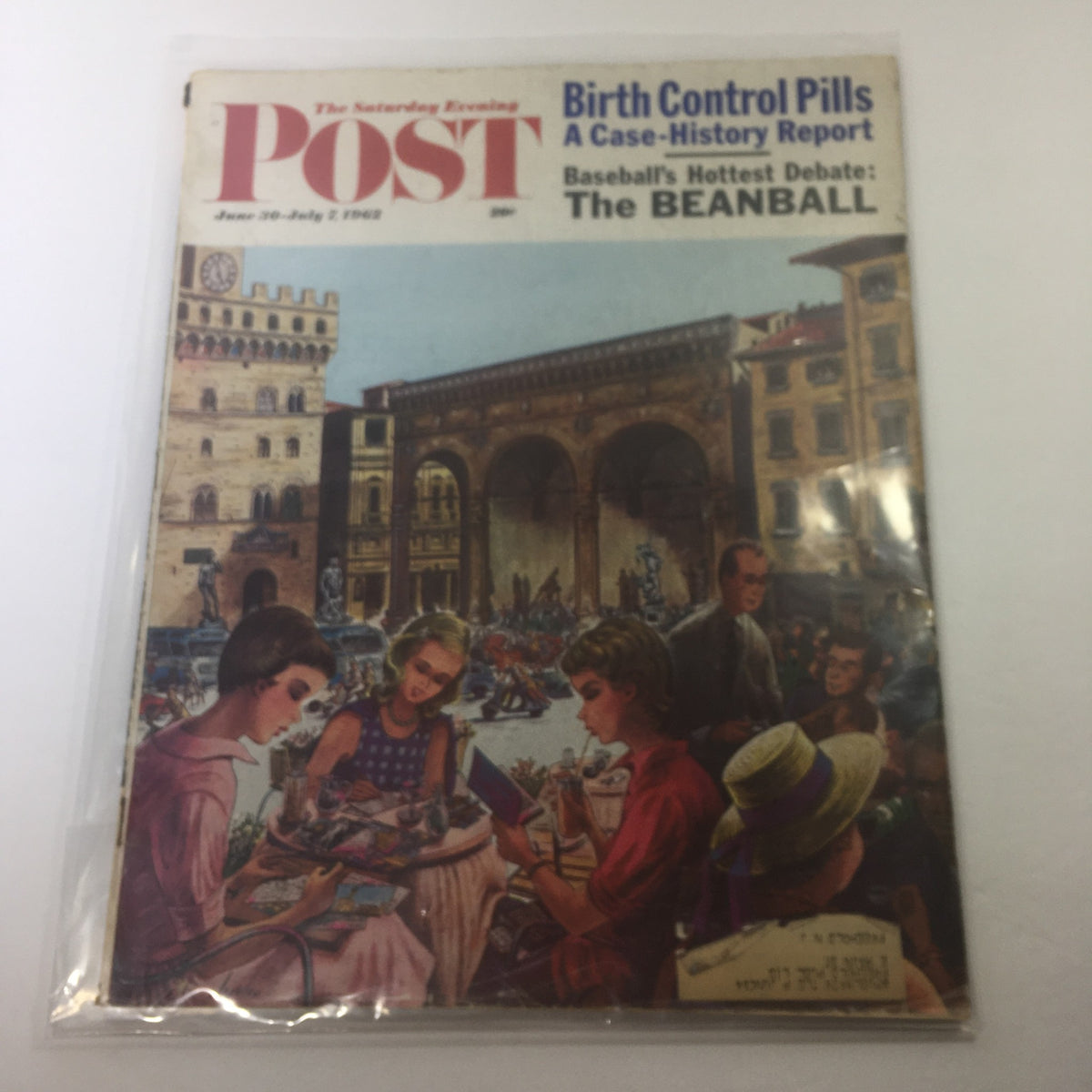 Cover of The Saturday Evening Post Magazine from June 30-July 2, 1962, featuring a colorful illustration related to Birth Control Pills, showcasing women in a lively outdoor café setting.