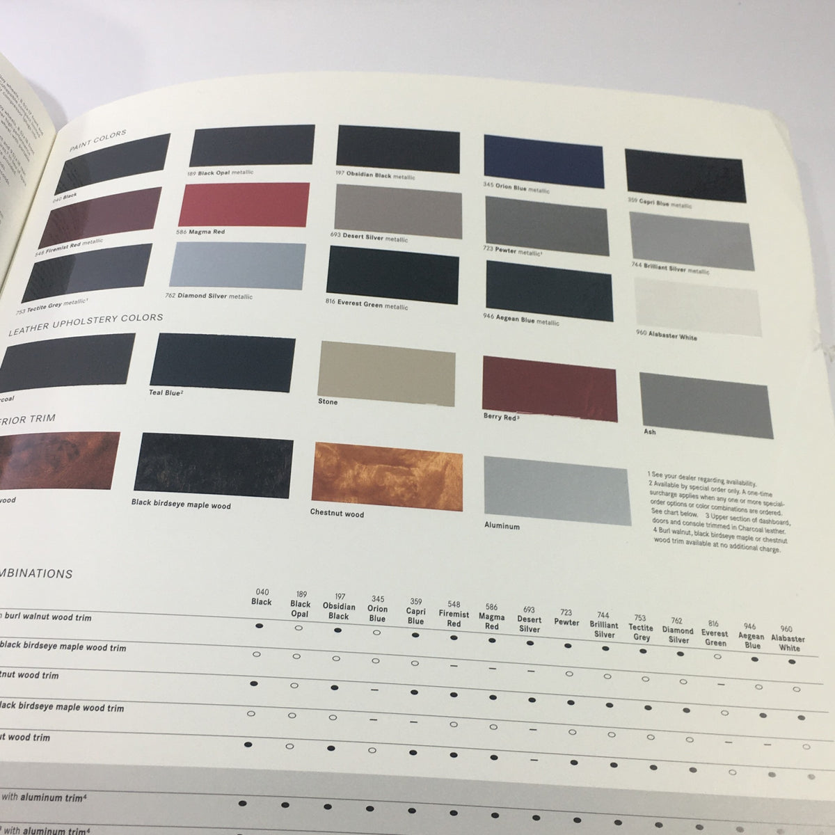 Color options page from the 2003 Mercedes-Benz 5th Generation SL-Class Dealership Car Auto Brochure Catalog featuring various upholstery and trim combinations.
