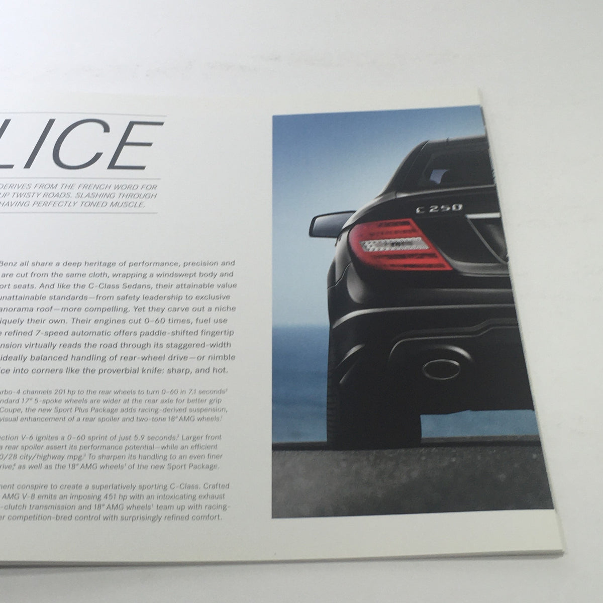 Detailed view describing the 2013 Mercedes-Benz C-Class Sedan with information about performance and design features from the dealership brochure.