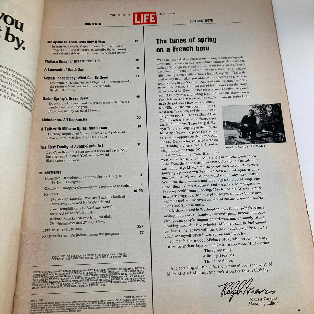 Interior page of the VTG Life Magazine May 1, 1970, showing contents related to the Apollo 13 mission and various articles.