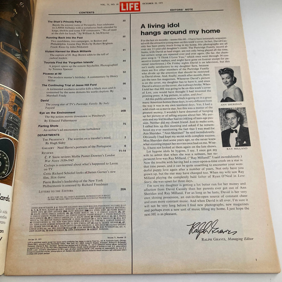 Interior page of the VTG Life Magazine from October 29 1971, containing the table of contents and editorial note, highlighting articles related to David Cassidy.