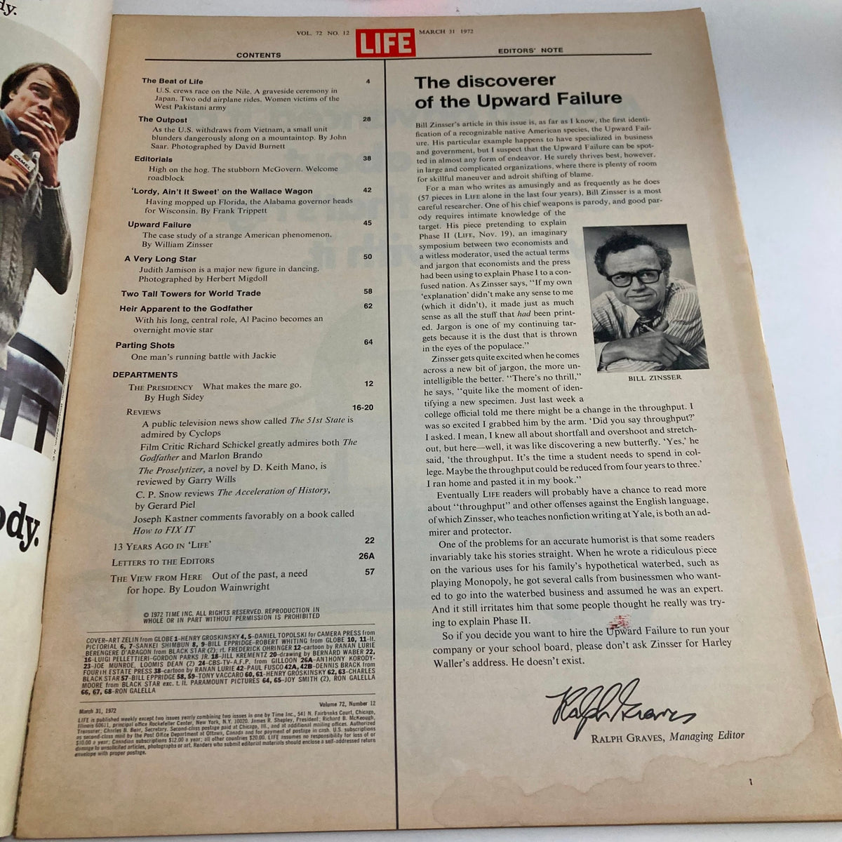 Contents page of VTG Life Magazine March 31, 1972, showcasing articles including one about Jackie Kennedy Onassis.